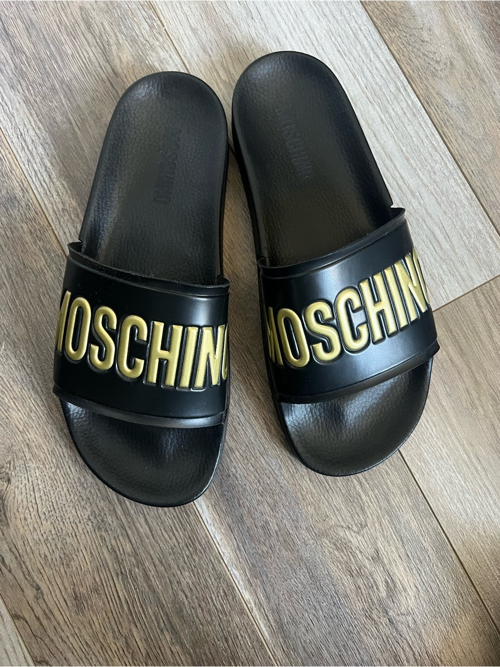 Moschino Black Slides with Gold pool slides